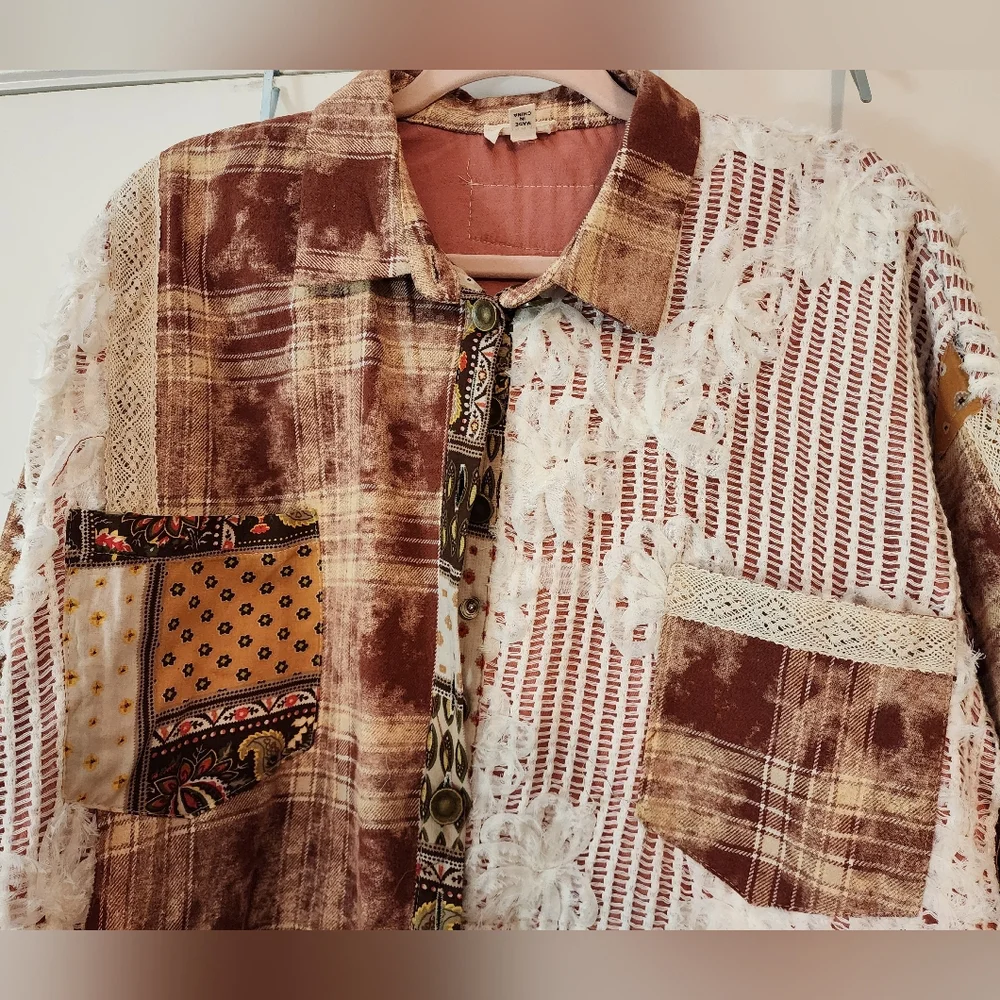 Women's Rust & White Patchwork Button-Front Jacket - Picture 4 of 13